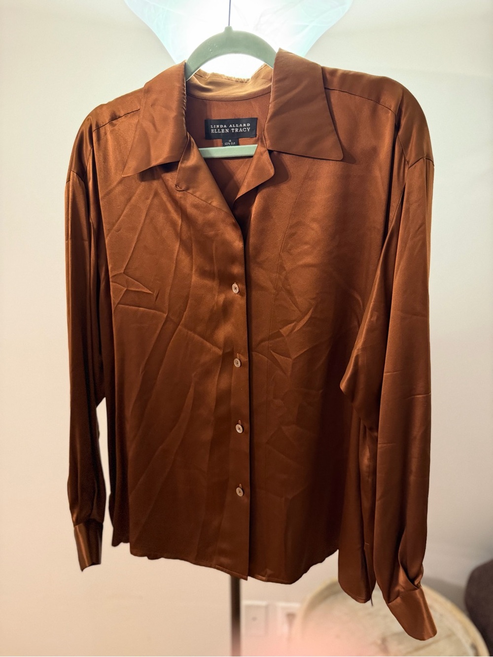 Linda Allard Ellen Tracy Silk Blouse 14 Copper Brown Button Down Quiet Luxury